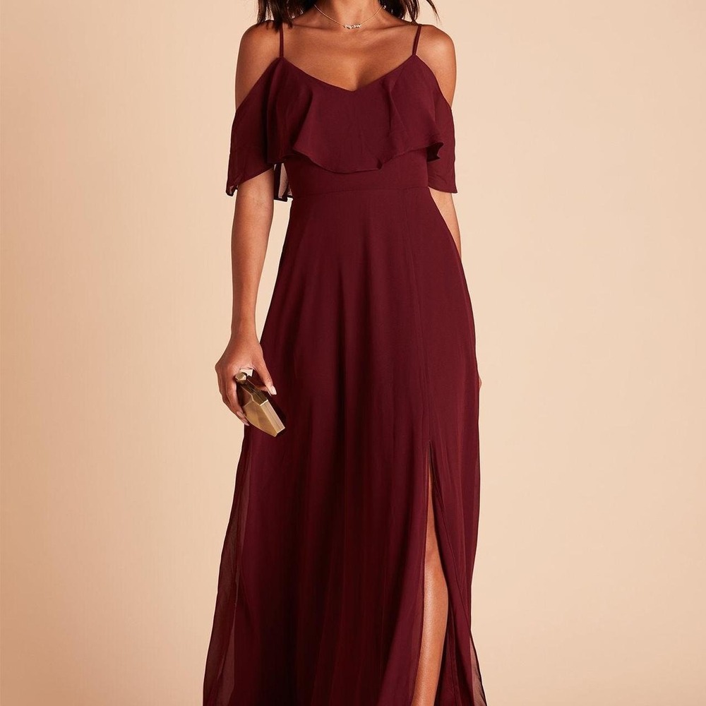 Burgundy Morillee‎ Madeline Gardner maxi dress with open shoulder ruffle detail